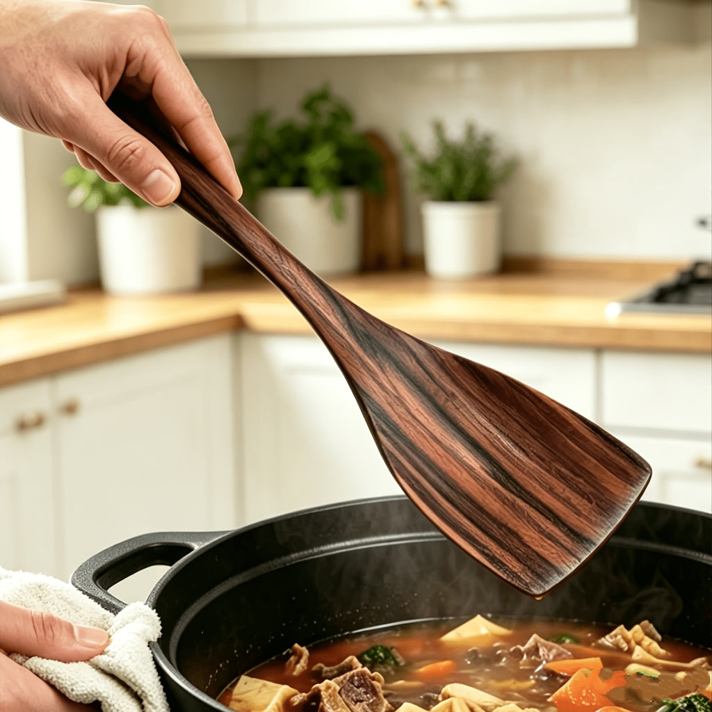 Wooden Kitchen Utensils Set 10 Piece - Non-Stick Safe Heat Resistant Cooking Tools with Spatula, Slotted Spoon & More, Stylish Wood Kitchen Gadgets for Cooking & Baking