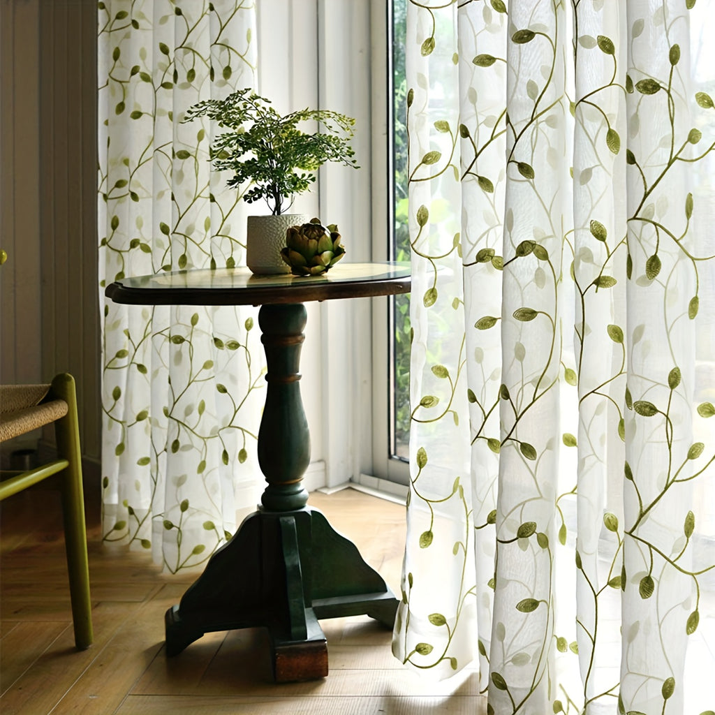 Ivy Leaf Embroidery Sheer Curtains Set of 2, White Gauze Green Botanical Rod Pocket Panels for Living Room Bedroom, 3 Sizes