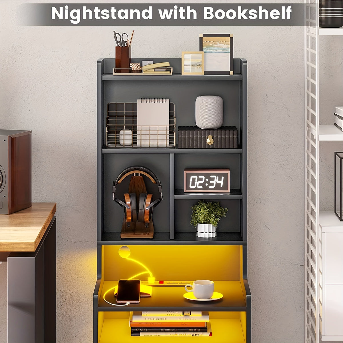 Tall Nightstand with LED Lights & Charging Station | 2 Drawers, Bookshelf & Storage Shelves, 50" Bedside End Table – Gray & Black