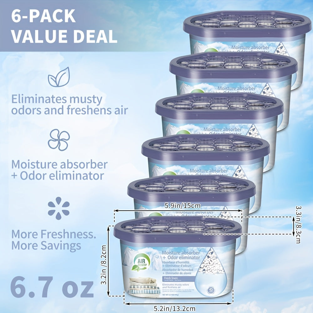 Dehumidifier Boxes 6-Pack Scented Moisture Absorber & Odor Eliminator – No Electricity, Compact PVC, 4 Scents for Closet, Bathroom, Bedroom, RV & Boat (Lavender, Fresh Linen, Jasmine, Bamboo Charcoal)