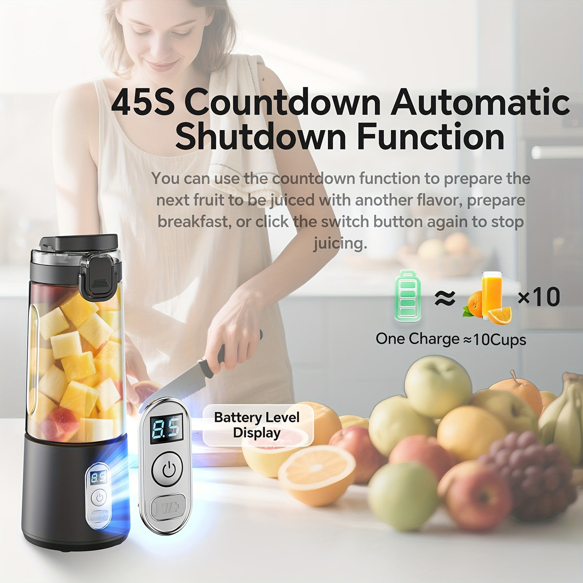 Portable Blender USB-C Rechargeable 6-Blade Stainless Steel – Ice Crush Smoothie Maker with Digital Timer, Battery Display & No-Spill Lid for Gym, Travel & Protein Shakes, Pink or White