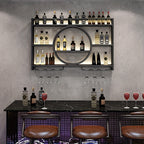 Wall Mounted Wine Bottle Rack with LED Lighting 3-Tier Floating Iron Shelf with Glass Holder for Kitchen Living Room Bar Golden Black 39-55 Inch