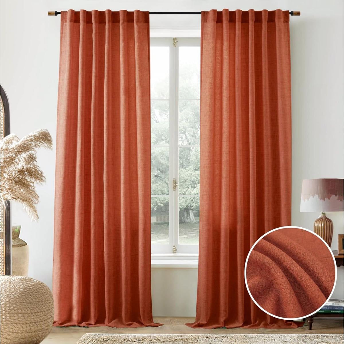 Linen Semi-Sheer Curtains 2 Panels Real Flax Light Filtering Drapes - Boho Farmhouse Window Curtains for Living Room Bedroom, 10 Colors Multiple Lengths Privacy Window Treatment