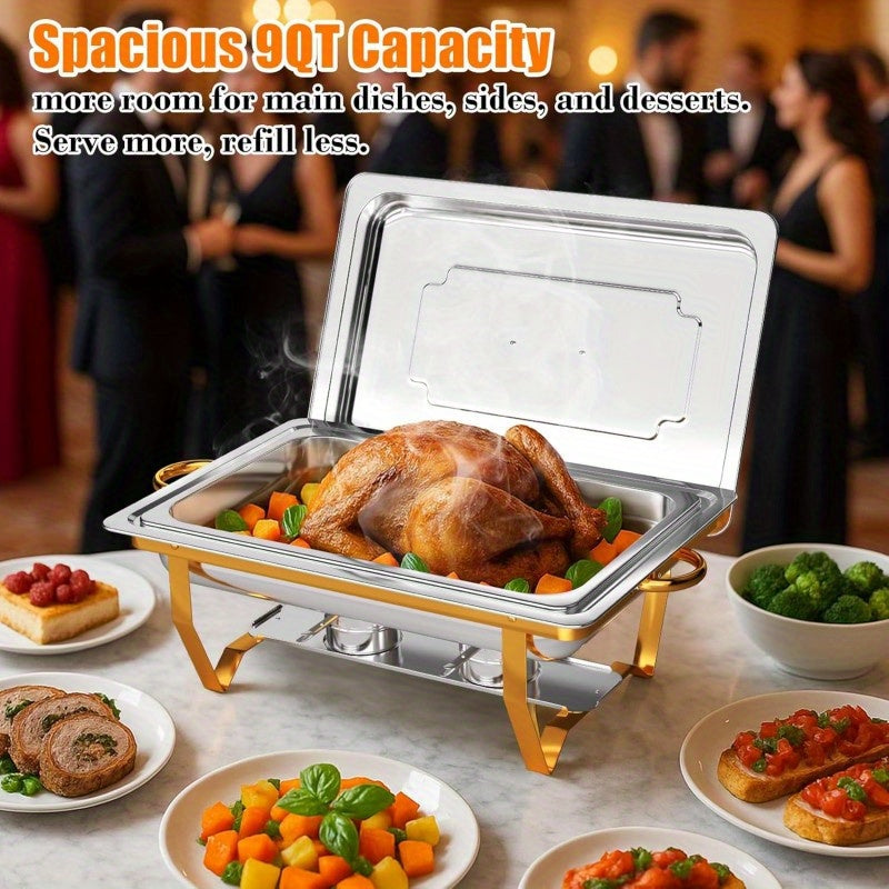 Golden Chafing Dish Buffet Set 9QT Stainless Steel Chafer with Full-Size Pans – Elegant Gold & Silver Finish Food Warmer for Weddings, Parties, Banquets & Catering Events (2 or 4 Pack)