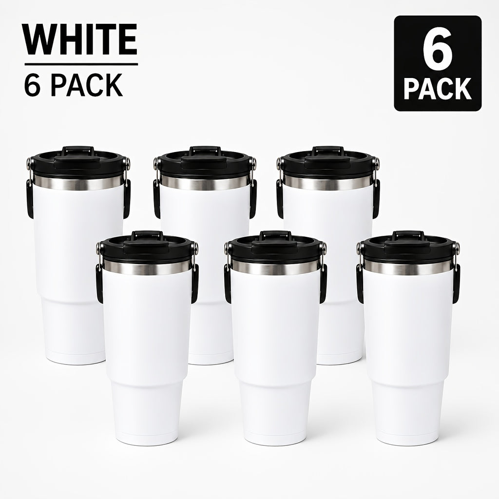 30oz Stainless Steel Insulated Tumbler 6-Pack with Handle, Lid & Straw – Double Wall Vacuum Travel Cups, Colorful Gift Set for Coffee, Cold Drinks & Daily Use | Black, Red, White & More