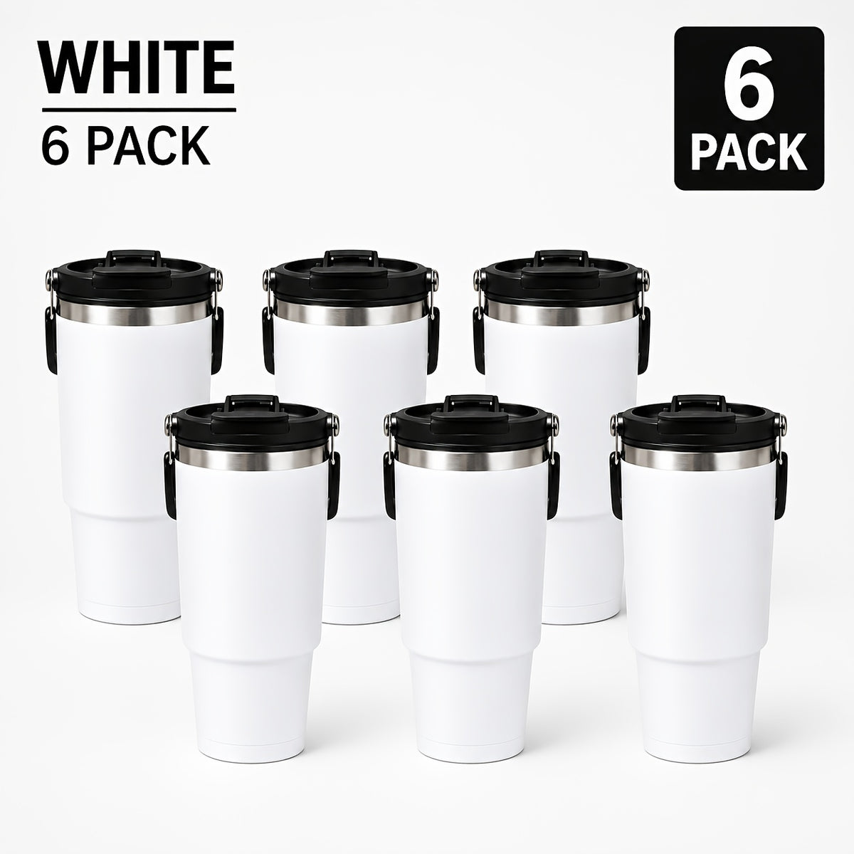 30oz Stainless Steel Insulated Tumbler 6-Pack with Handle, Lid & Straw – Double Wall Vacuum Travel Cups, Colorful Gift Set for Coffee, Cold Drinks & Daily Use | Black, Red, White & More