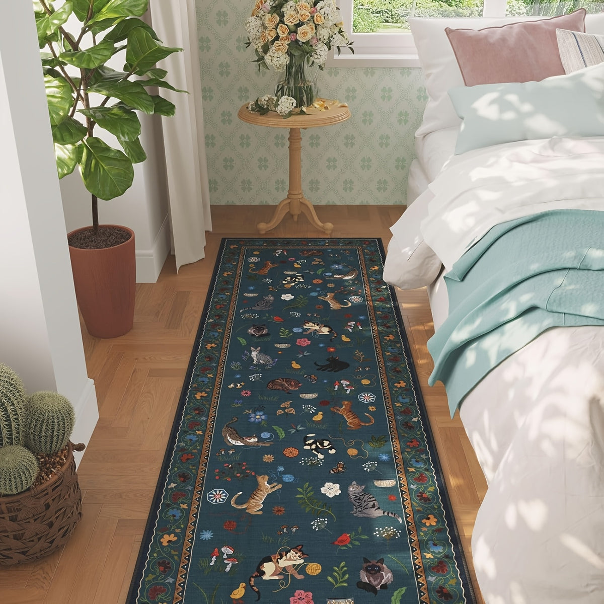 Boho Cat Print Area Rug Low Pile Non-Slip Floral Vintage Indoor Carpet for Living Room Bedroom Dining Room Runner Round Large