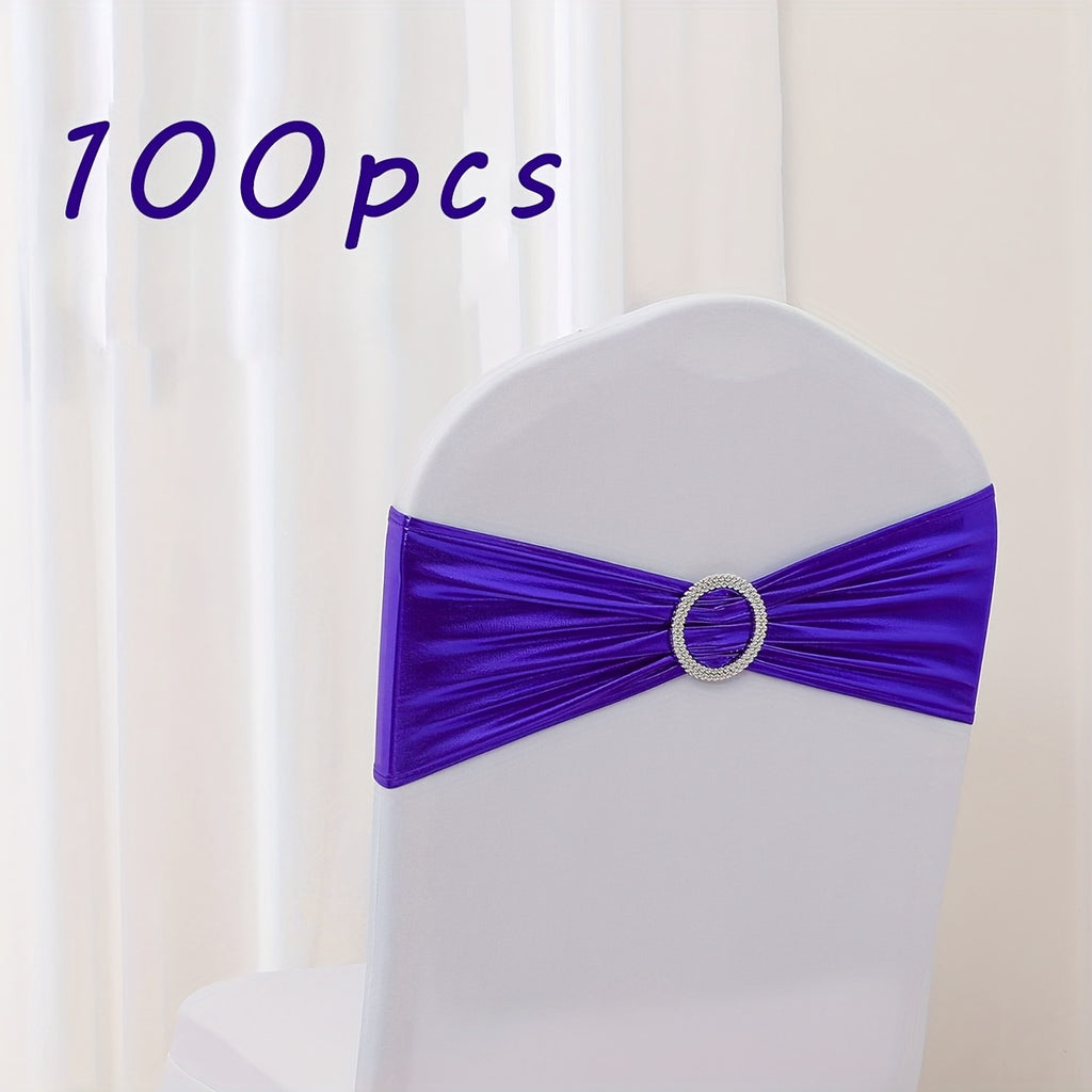 100pcs Metal Spandex Chair Bow Buckle Sliders – Stretchable Elastic Seat Strap Fasteners for Wedding, Party & Banquet Chair Decorations | Gold, Silver, Rose Gold & More