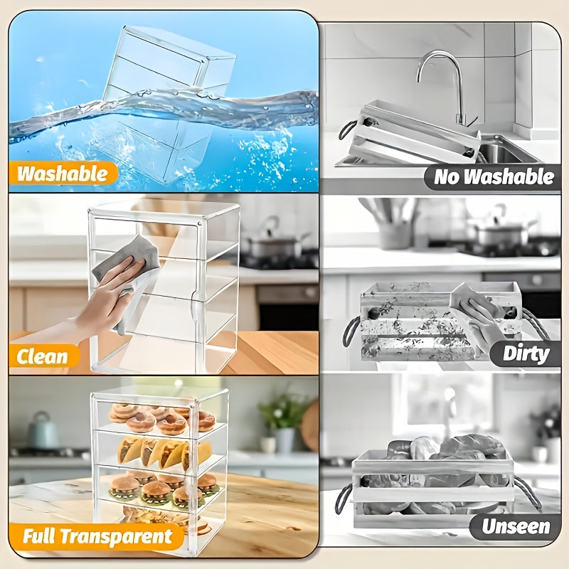 4-Tier Clear Bread Box with Magnetic Door Adjustable Bakery Display Case Countertop Organizer for Bread Muffins Bagels Pastries – Food-Safe Durable Plastic Kitchen Storage