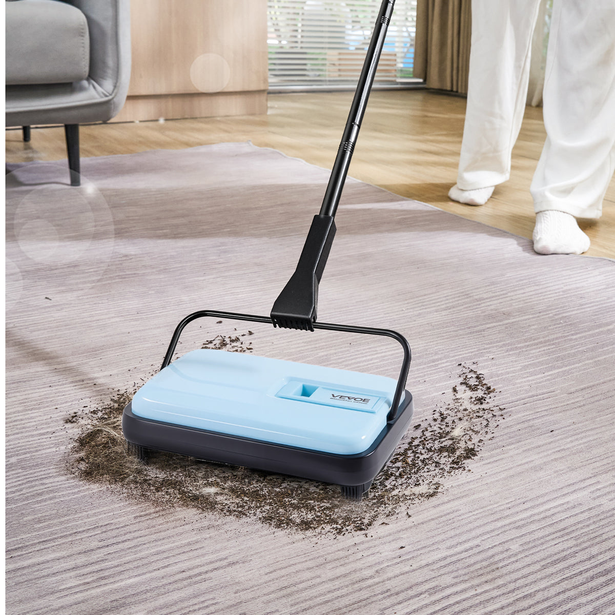 Manual Carpet Sweeper No Battery Needed 300ml Dustbin 180° Rotating Head Floor Sweeper for Carpet Hardwood Tile Pet Hair Home Office