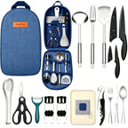 Camping Kitchen Utensil Set 17pcs Stainless Steel Outdoor Cooking & BBQ Utensils with Storage Bag - Portable Camping Cookware Accessories for Travel Picnic RV Barbecue Party, Bohemian/Black/Blue