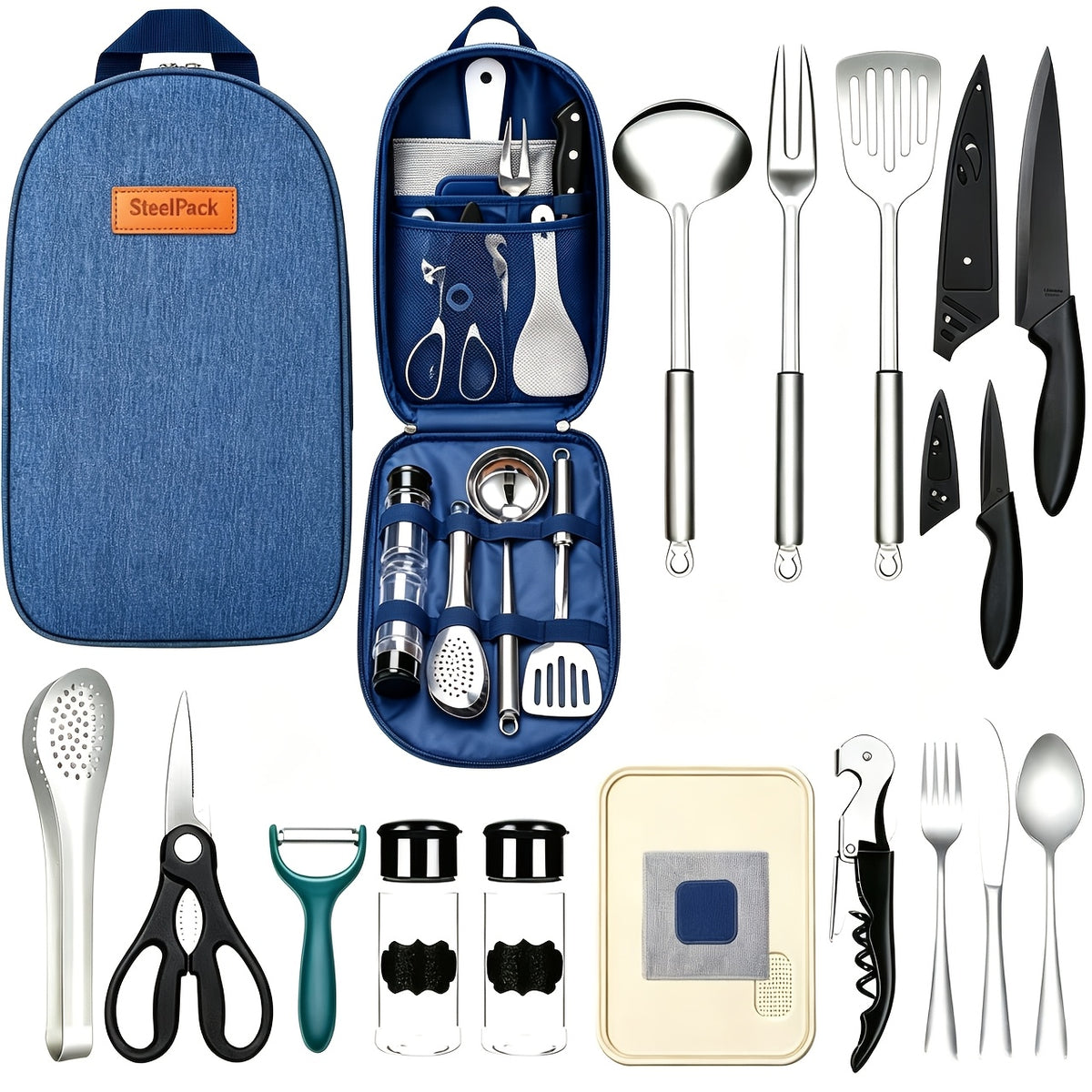 Camping Kitchen Utensil Set 17pcs Stainless Steel Outdoor Cooking & BBQ Utensils with Storage Bag - Portable Camping Cookware Accessories for Travel Picnic RV Barbecue Party, Bohemian/Black/Blue