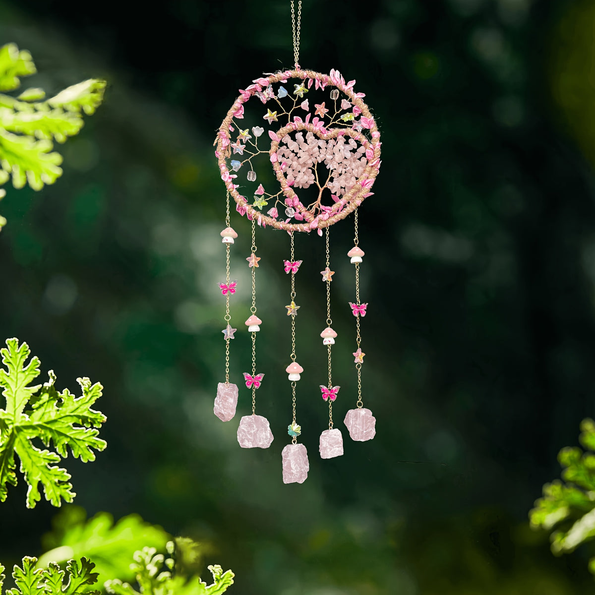 Bohemian Crystal Wall Hanging Decoration – Handmade Stone Beads, Colorful Gemstones, Heart & Circular Crystal Pendant Wind Chime – Boho Wall Decor Gift for Christmas, Mother’s Day & Thanksgiving