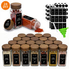 Glass Spice Jars Set with Acacia Wood Lids - 4oz Square Spice Bottles with Shaker Lids, Labels & Grinders for Kitchen Spice Storage and Organization