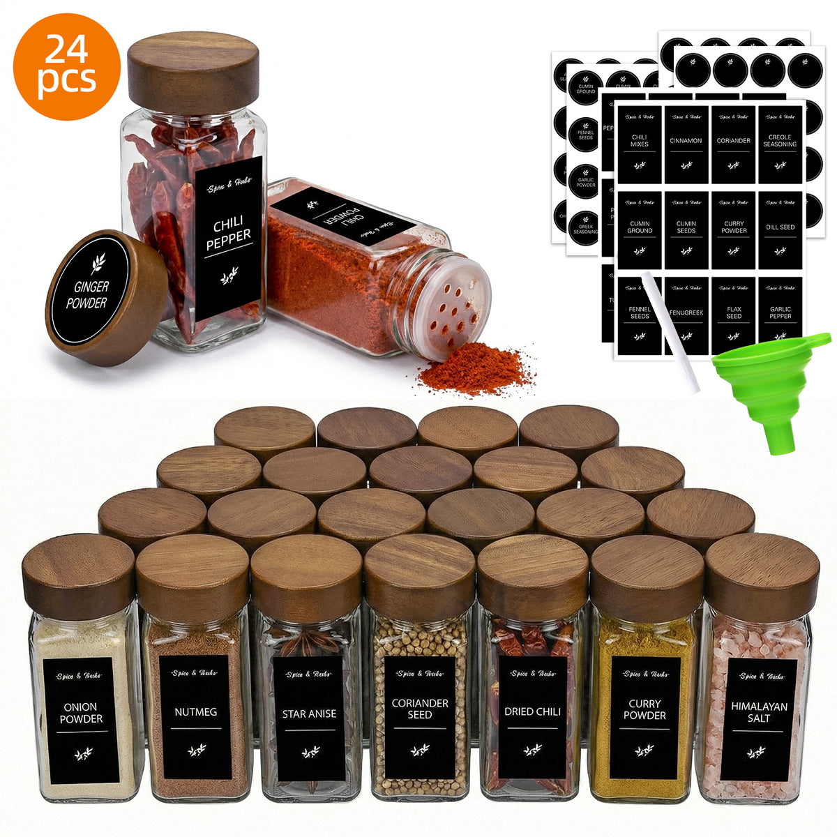 Glass Spice Jars Set with Acacia Wood Lids - 4oz Square Spice Bottles with Shaker Lids, Labels & Grinders for Kitchen Spice Storage and Organization