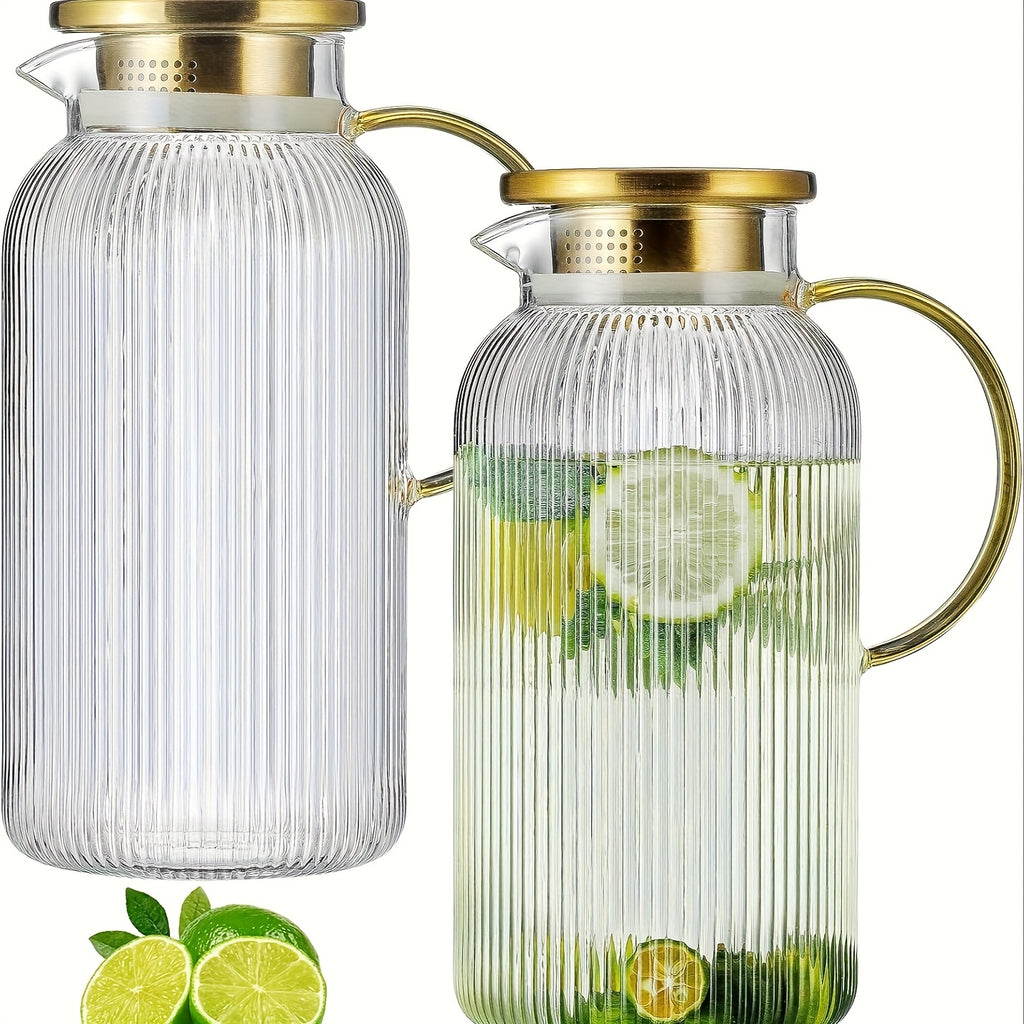 Glass Water Bottle Set of 2 68oz 2 Liter with Lid Vertical Stripe Heat Resistant Glass Water Jug for Cold Brew Coffee Lemonade Iced Tea Milk Beverages