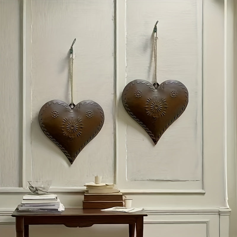 Metal Heart Wall Decor Set of 2 – Bohemian Rustic Iron Heart Wall Hangings with Chain & Rope for Farmhouse, Outdoor, Wedding & Valentine's Day Decor – Vintage Boho Wall Art No Tools Required