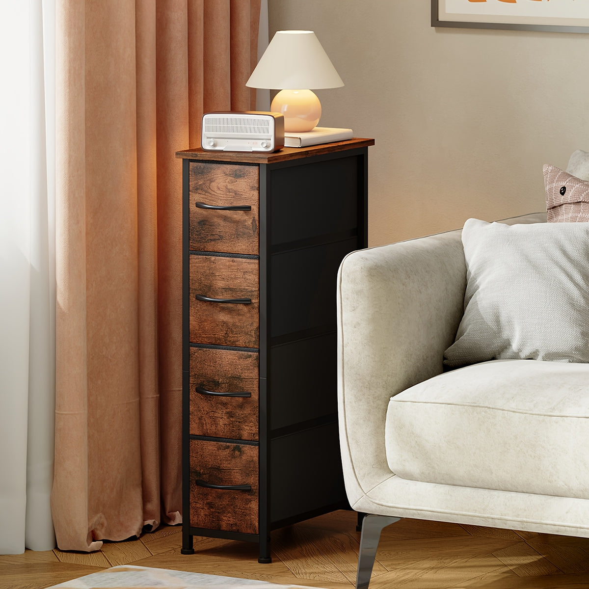 Narrow Dresser with 4 Drawers – Slim Storage Organizer Chest with Removable Fabric Drawers for Bedroom, Bathroom, Closet & Laundry