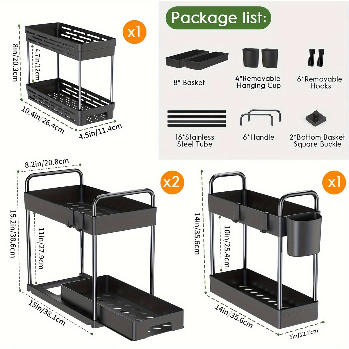 Under Sink Organizer 4-Piece Adjustable Multi-Layer Storage Rack – Metal & Plastic Cabinet Shelf with Hanging Cups & Hooks for Kitchen Bathroom Spice Rack Space-Saving