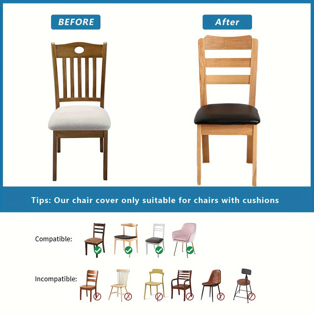 Waterproof Faux Leather Dining Chair Seat Covers 4/6 Pack – Stretch PU Fabric Removable Washable Chair Cushion Slipcovers for Dining Room Kitchen Hotel Home Decor, Hook & Loop Closure