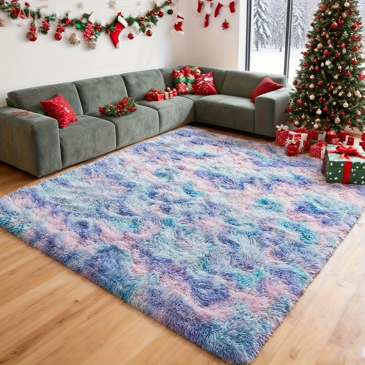Tie-Dye Rainbow Purple Shag Area Rug Non-Slip Machine Washable, Ultra Soft Fluffy Carpet for Living Room Bedroom Kids Room, 4 Sizes 3x5ft to 8x10ft