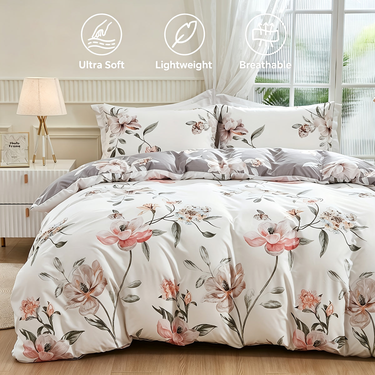 Floral Botanical Duvet Cover Set Reversible Ultra-Soft Microfiber with Pillowcases Twin Full Queen King 3 Colors