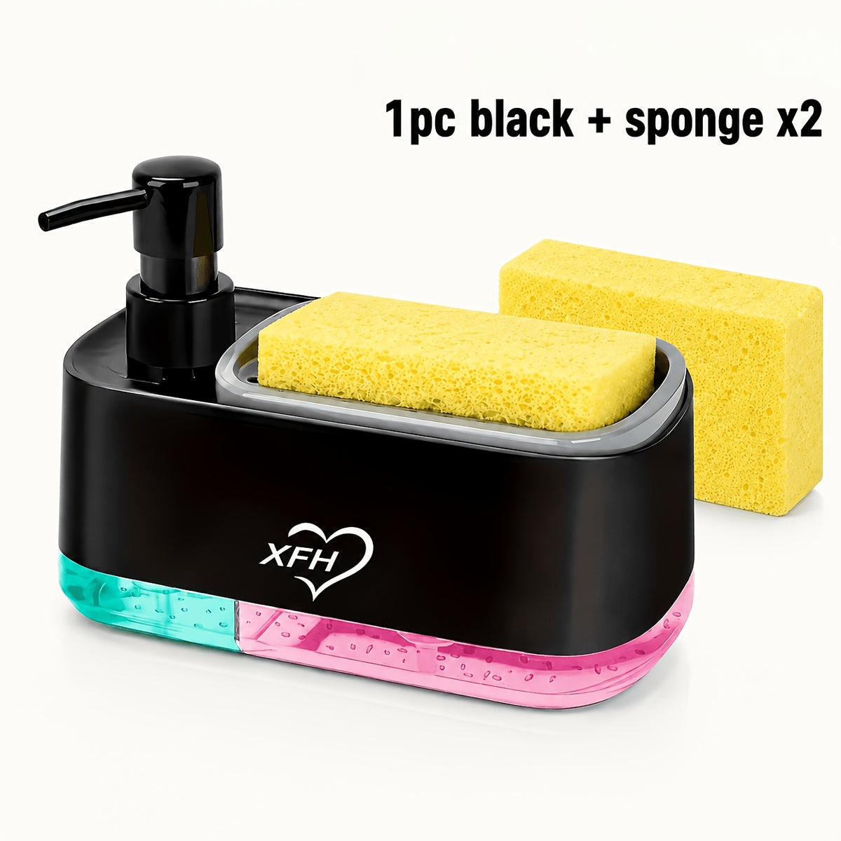 Kitchen Soap Dispenser with 2 Sponges & Dish Brush Holder | BPA-Free Refillable Transparent Pump Dispenser for Sink | Compact Square Design | Black or White