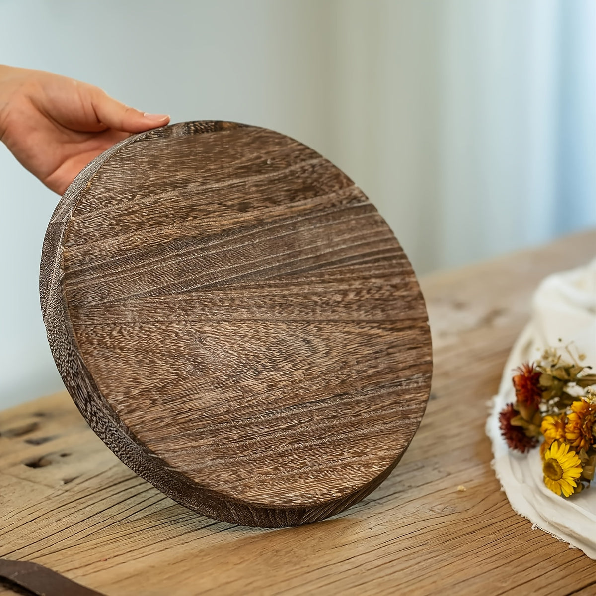 Rustic Round Wood Decorative Tray – Distressed Farmhouse Wooden Tray for Coffee Table, Ottoman, Living Room & Kitchen Counter Decor, Candle Holder Base & Boho Home Styling