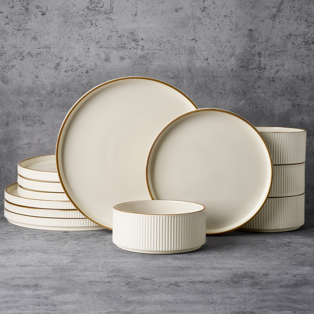 12-Piece Stoneware Dinnerware Set for 4 – Reactive Glaze Plates & Bowls, Lead-Free, Microwave & Dishwasher Safe, Raised Stripe Edge Design (Cappuccino White or Vanilla White)
