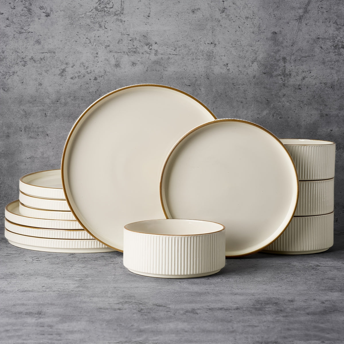 12-Piece Stoneware Dinnerware Set for 4 – Reactive Glaze Plates & Bowls, Lead-Free, Microwave & Dishwasher Safe, Raised Stripe Edge Design (Cappuccino White or Vanilla White)
