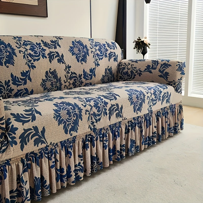 Printed Skirt Design Sofa Cover with Anti-Slip Fixing Rods – High Elasticity Four-Season Fiber Slipcover Keeps Sofa Neat & Beautiful