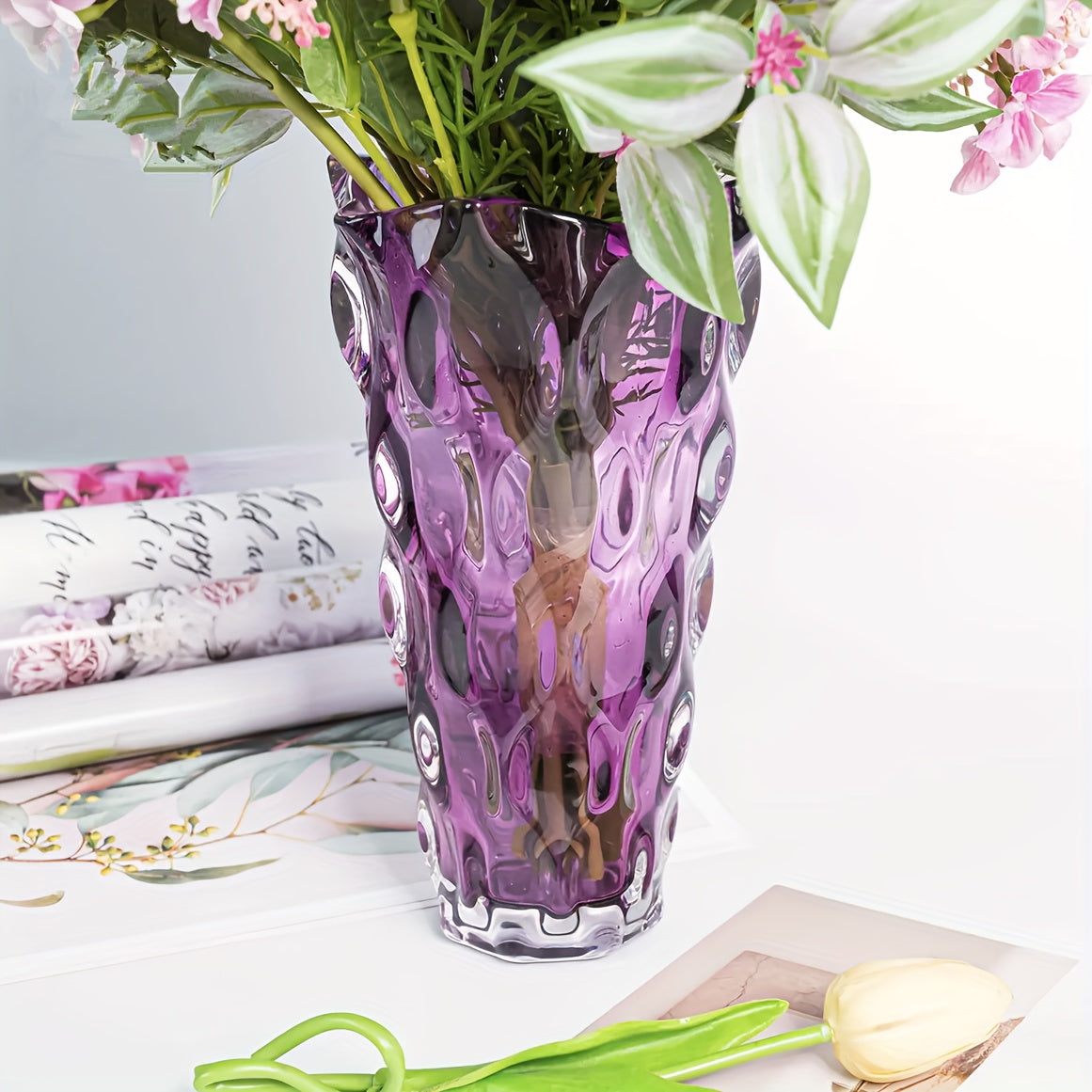 Handmade Purple Crystal Glass Vase – Irregular Striped Decorative Flower Arrangement Vase for Living Room, Office, Desktop, Wedding & Party, Luxury Home Ornament