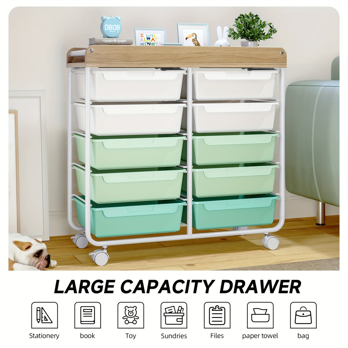 10-Tier Rolling Storage Cart with Drawers and Tabletop Portable Utility Organizer for Home Office Classroom Art Supplies Crafts Cosmetics Green White Rainbow