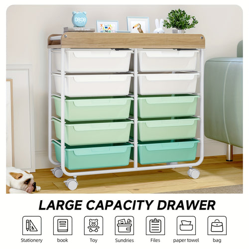 10-Tier Rolling Storage Cart with Drawers and Tabletop Portable Utility Organizer for Home Office Classroom Art Supplies Crafts Cosmetics Green White Rainbow