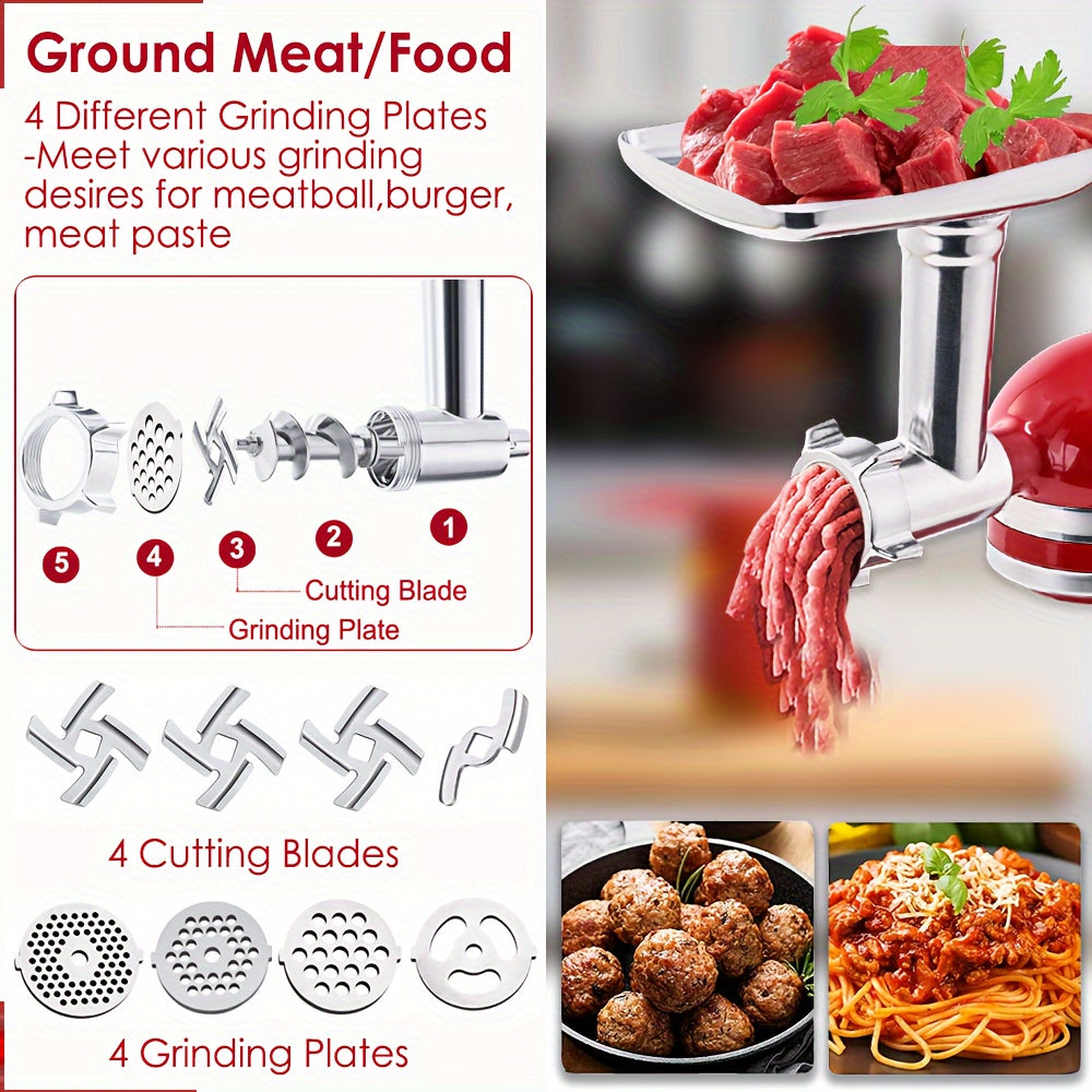 Meat Grinder Attachment for KitchenAid Stand Mixers, Metal Food Grinder with 4 Grinding Plates, 4 Blades, 2 Sausage Stuffer Tubes & Cleaning Brush — Fits All KitchenAid Models, Perfect Kitchen Gift