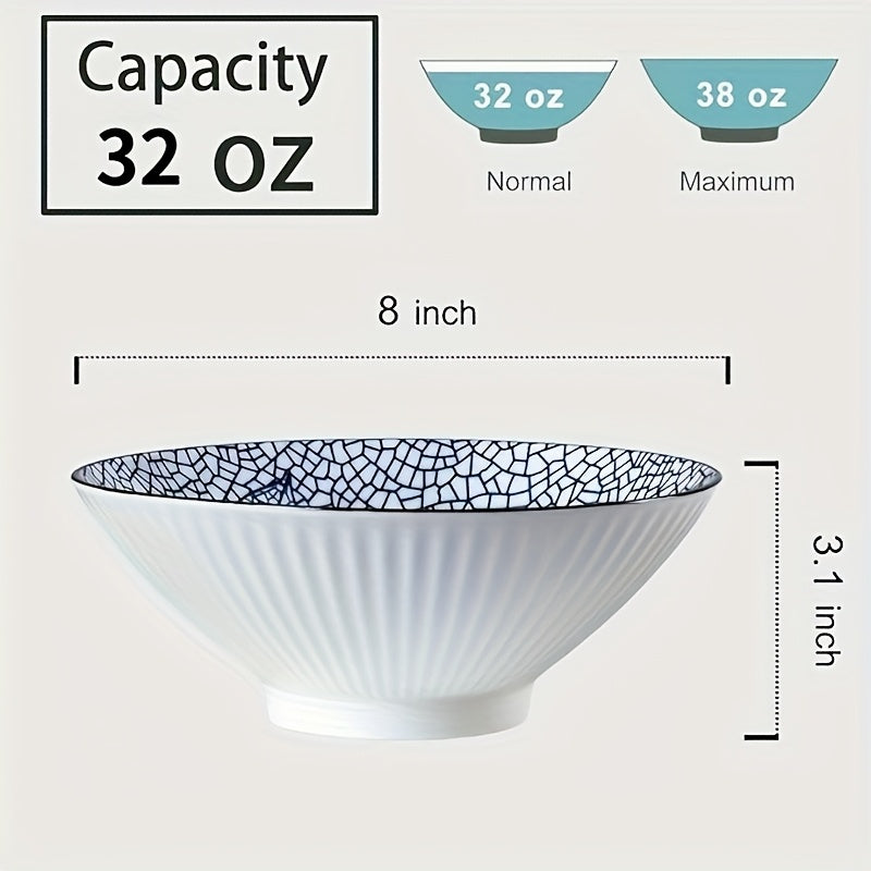 Japanese Ramen Bowls Set of 2 or 4 Ceramic Blue White Leaf Pattern 8 Inch 32oz Noodle Soup Bowl for Pho Ramen Pasta Cereal