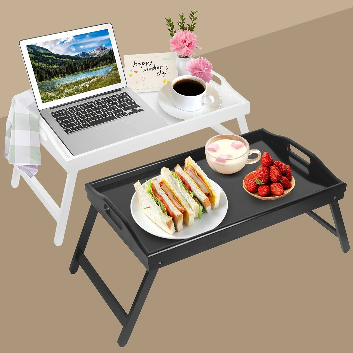 Bamboo Breakfast Tray with Folding Legs 19.5x12 Inch Lap Food Tray with Handle for Bed Sofa Eating Working Drawing Natural Black White Pack of 1 or 2