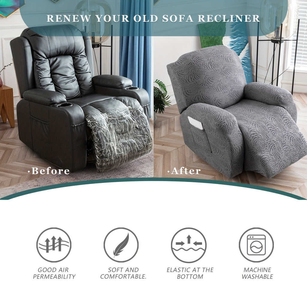 Recliner Cover Stretch Fleece 4pcs Set for Single Seat Recliner Chair - Polar Fleece 200-250gsm Washable Elastic Bottom Sofa Protector for Home Office Hotel, 5 Colors, All Season