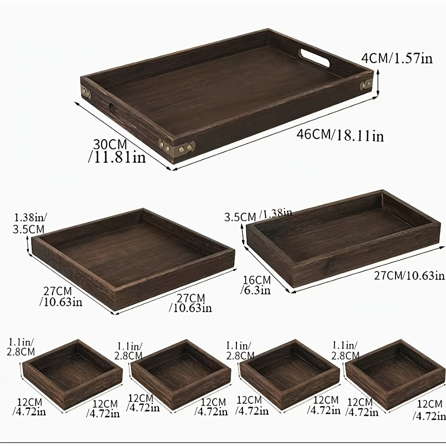 7-Piece Rustic Rectangular Serving Trays with Handles Vintage Elegance Tea Coffee Snack Fruit Dessert Tray Set for Kitchen Living Room