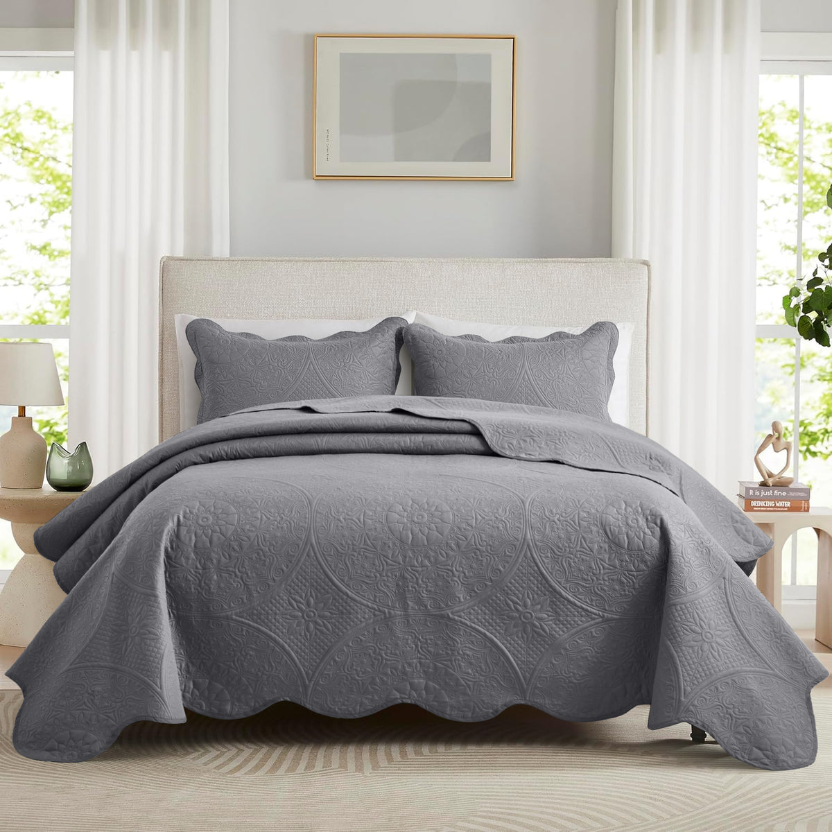 Luxury Quilted Bedspread Set 3 Piece Floral Coverlet with Pillow Shams Breathable Lightweight All Season - Twin Queen King California King 16 Colors