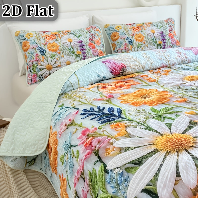 Floral Quilt Set 2 or 3 Piece – Colorful Flowers & Plants Quilted Bedspread with Pillowcases, Soft Breathable Hypoallergenic Machine Washable Bed Cover Twin Queen King