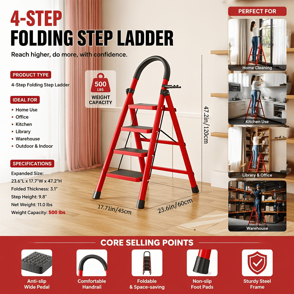 Heavy-Duty Folding Step Ladder 2 3 4 5 Step 500 Lbs Capacity Non-Slip Lightweight Portable Plastic Stepladder for Home and Industrial Use