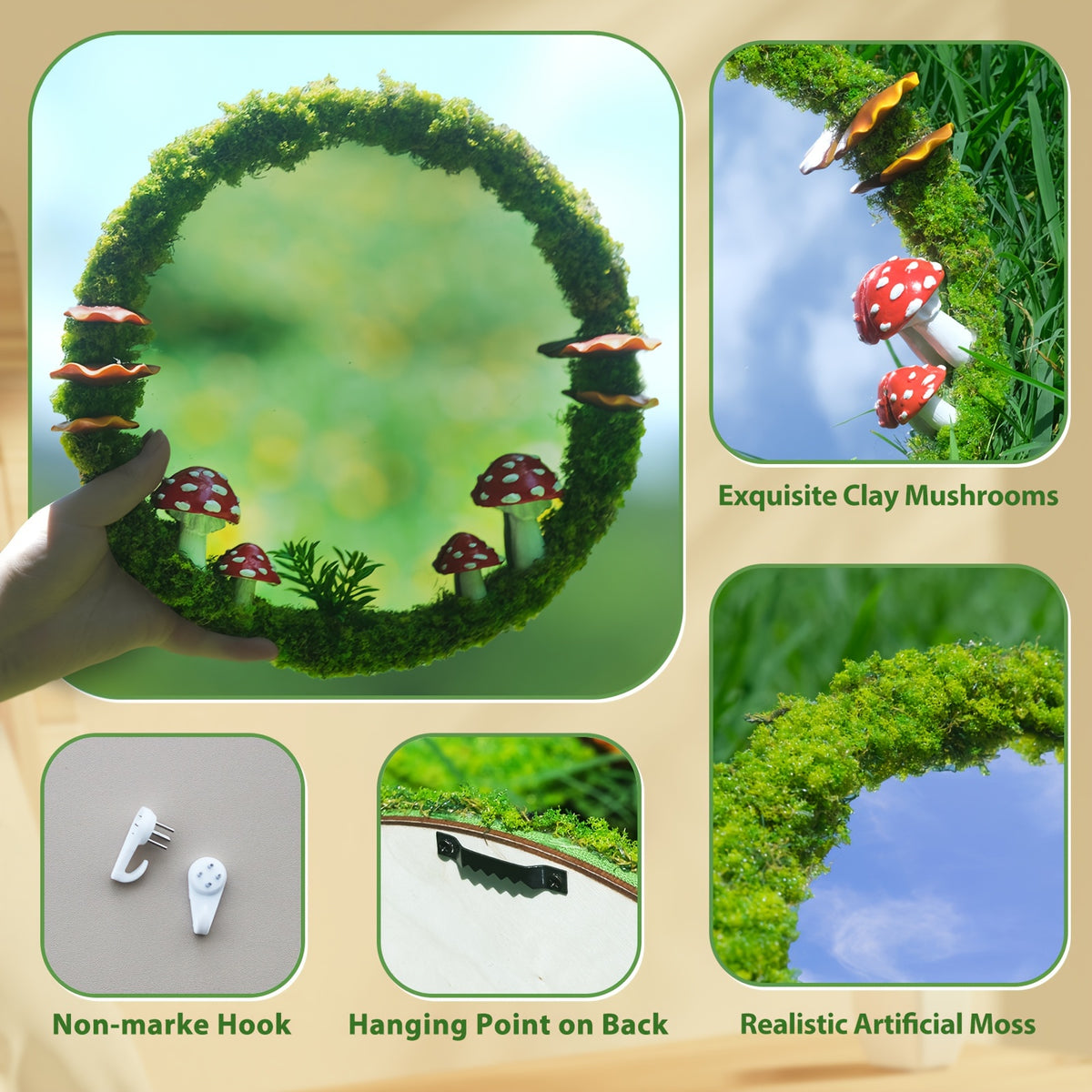 Mushroom Shaped Decorative Wall Mirror 11 Inch Handcrafted – Cottagecore Fairycore Room Decor, Moss & Mushroom Aesthetic
