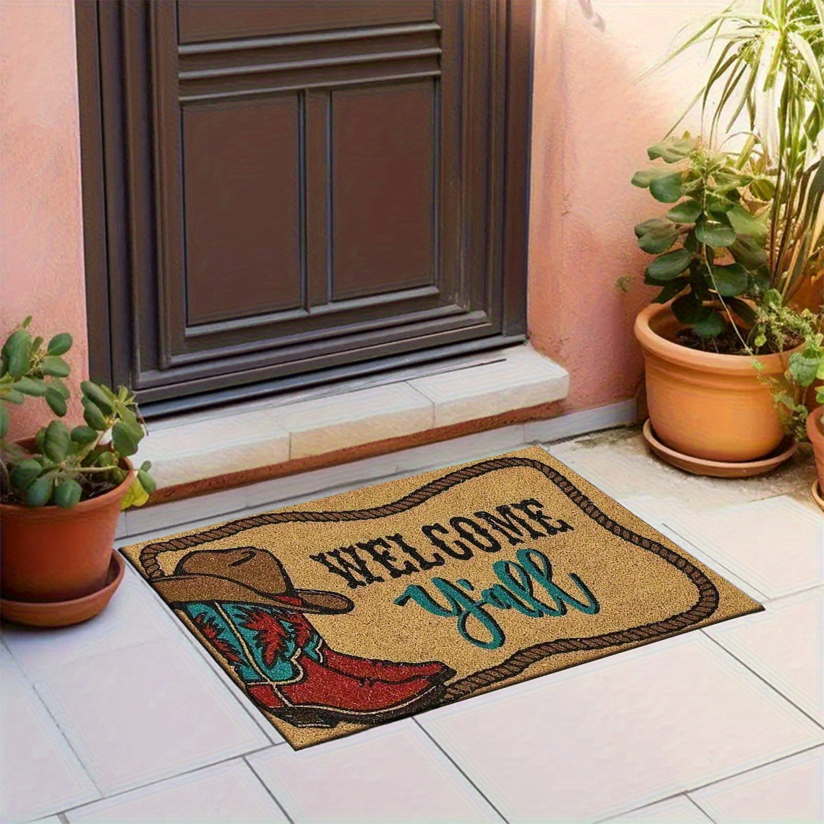 Cowboy Boots Western Flannel Floor Mat Non-Slip Water Absorbent Machine Washable, 20x31in Polyester Kitchen Bathroom Entryway Accent Mat