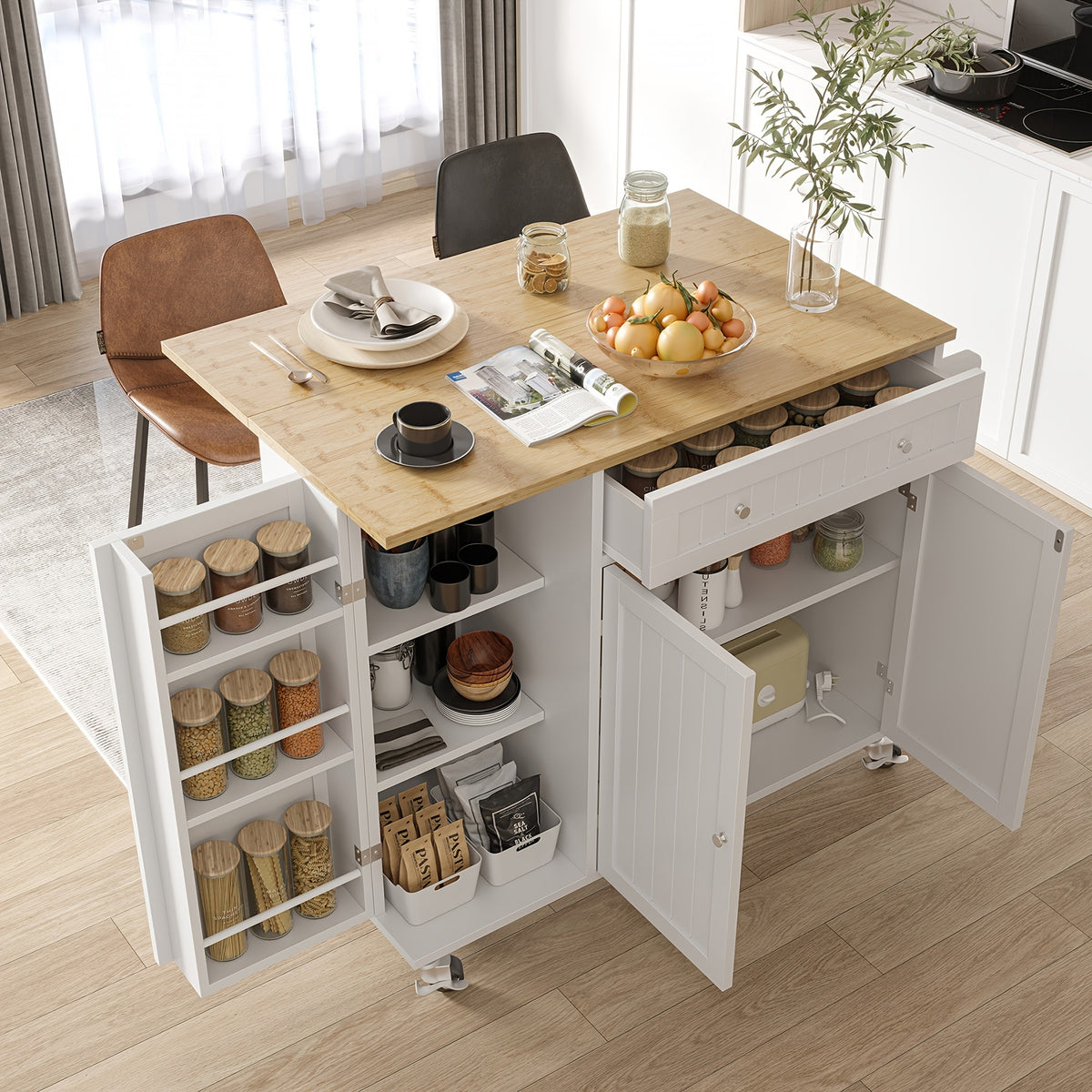 Kitchen Island Cart with Drop Leaf & Rolling Wheels – Storage Cabinet, Spice Rack, Drawer & Towel Rack for Small Kitchens Dining Room