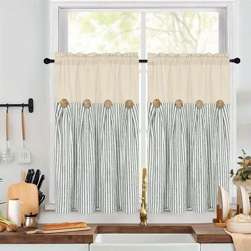 Striped Patchwork Semi-Sheer Rod Pocket Curtains – Bohemian Tiered Window Panels for Bedroom, Living Room, Kitchen, Bathroom & Cafe | 1 or 2 Pcs