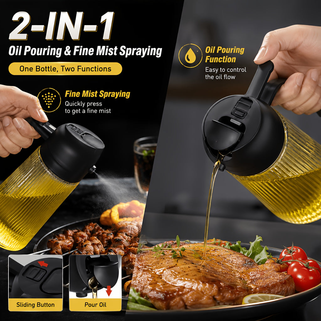 16oz Glass Oil Dispenser Bottle 2-in-1 Spray & Pour – Ribbed Olive Oil Sprayer for Kitchen Cooking, Refillable Glass Oil Spritzer with Leak-Proof Pourer, 1pc or 2pcs