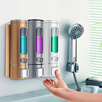 Wall-Mounted Soap Dispenser, 13.53oz Large Capacity Manual Press – No-Drill Adhesive Mount, for Shampoo, Shower Gel & Liquid Cosmetics, Black / White / Gold