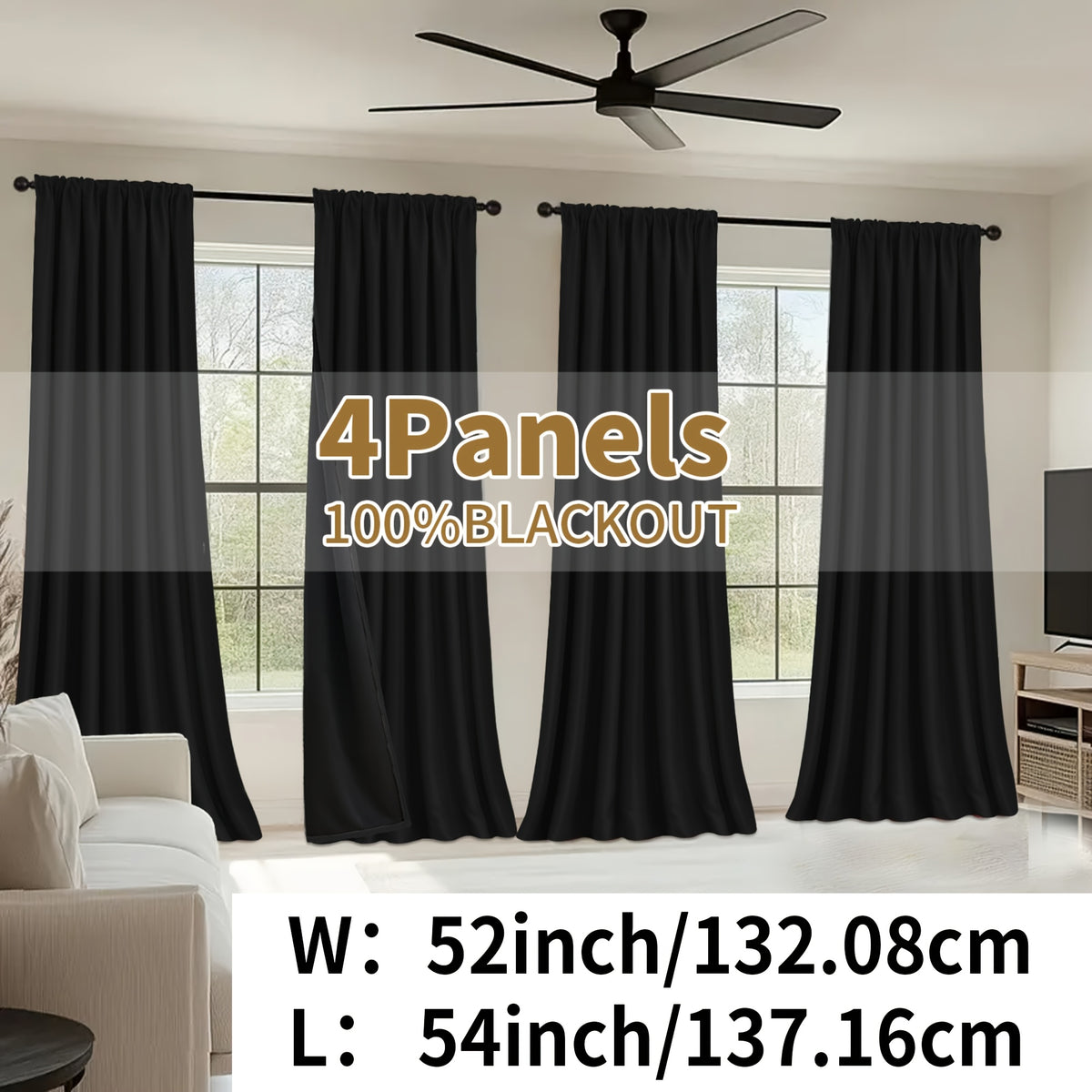 Blackout Curtains Rod Pocket 4 Panels - Thermal Insulated Room Darkening Noise Reducing Matte Drapes for Bedroom Living Room Office, 9 Colors 11 Sizes