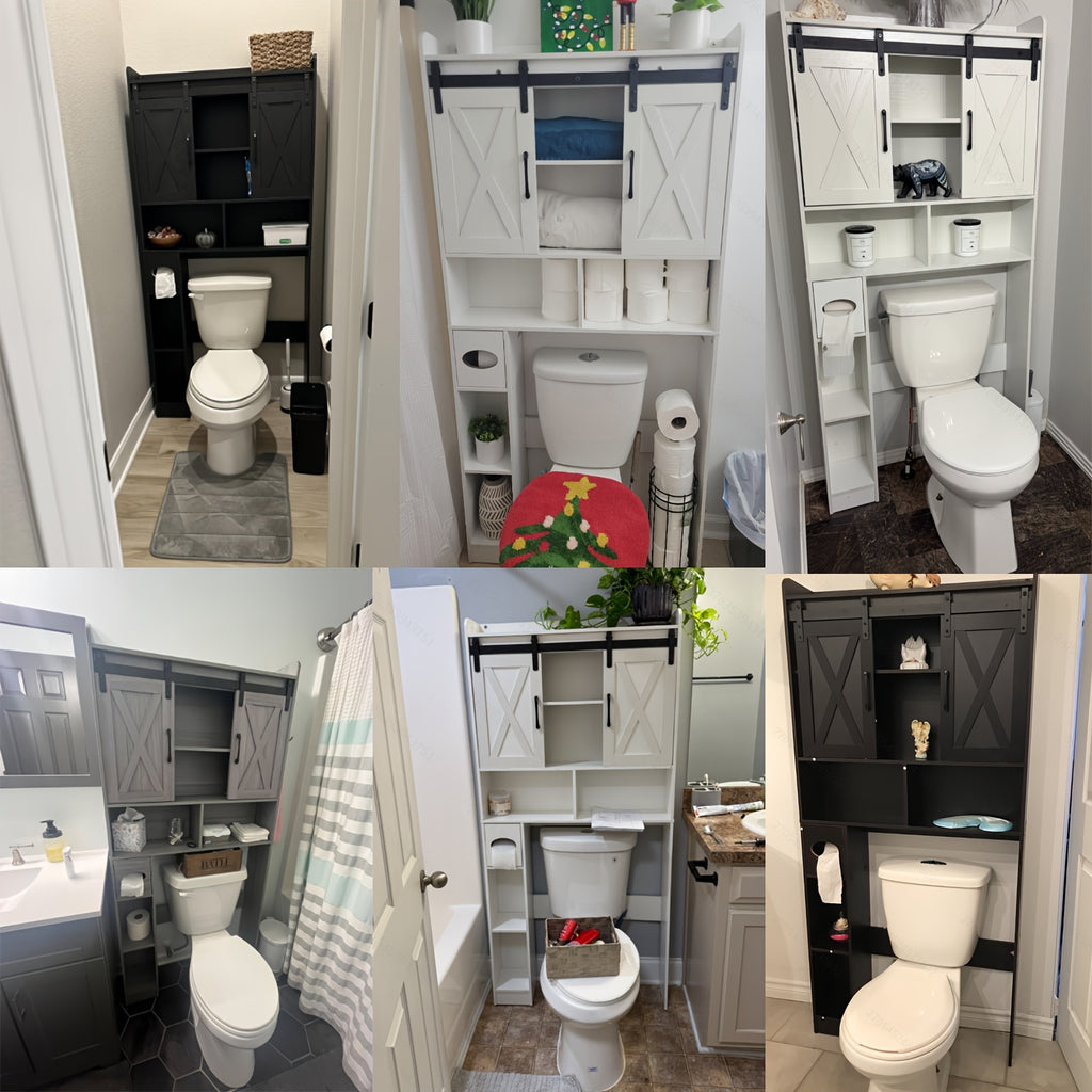 Farmhouse Over Toilet Cabinet with Sliding Doors Engineered Wood Adjustable Shelf Toilet Paper Holder Stand Space Saving Bathroom Storage No Wall Mount Multiple Colors